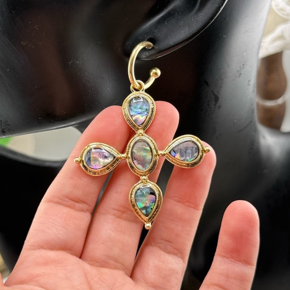 Gold Abalone Shell Drop Earrings – Statement Jewelry - Picture 5 of 6